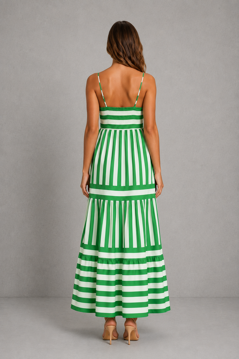 Women’s Striped Tiered Maxi Dress with Adjustable Straps for Summer & Holiday Wear