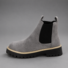 Women's suede block heel ankle boots with a classic round toe, mid-height block heel and durable rubber sole, designed for smart casual everyday wear in autumn, winter and spring.