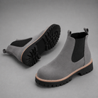 Women's suede block heel ankle boots with a classic round toe, mid-height block heel and durable rubber sole, designed for smart casual everyday wear in autumn, winter and spring.