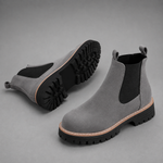 Women's suede block heel ankle boots with a classic round toe, mid-height block heel and durable rubber sole, designed for smart casual everyday wear in autumn, winter and spring.