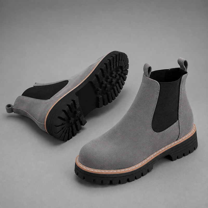 Women's suede block heel ankle boots with a classic round toe, mid-height block heel and durable rubber sole, designed for smart casual everyday wear in autumn, winter and spring.