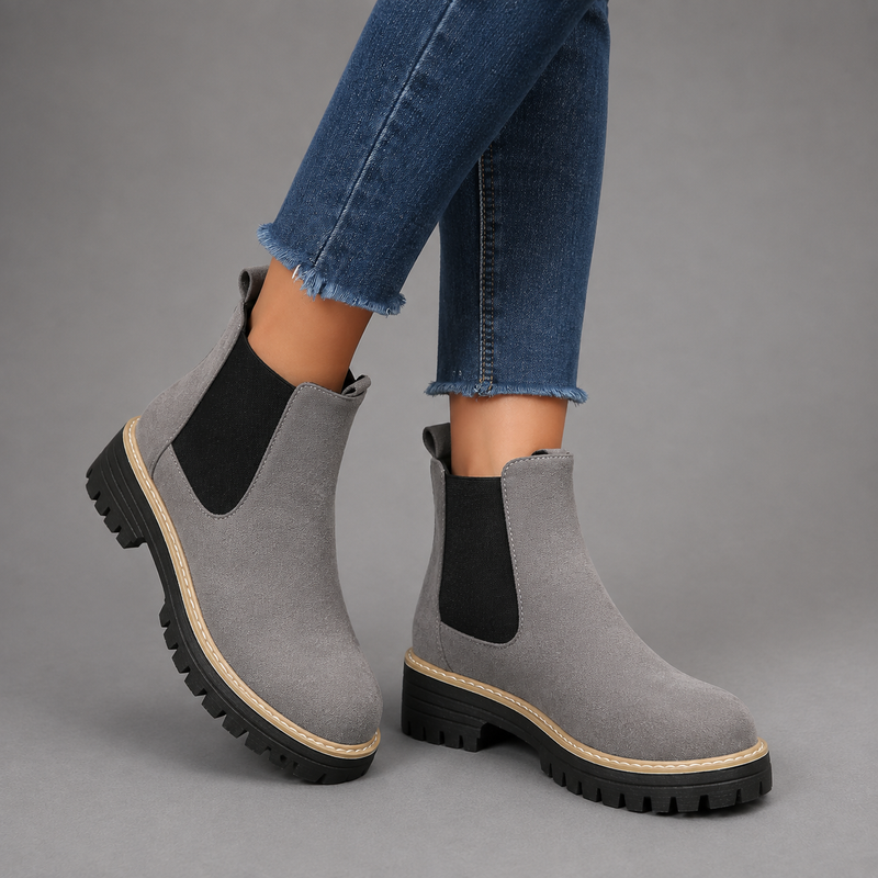 Women's suede block heel ankle boots with a classic round toe, mid-height block heel and durable rubber sole, designed for smart casual everyday wear in autumn, winter and spring.