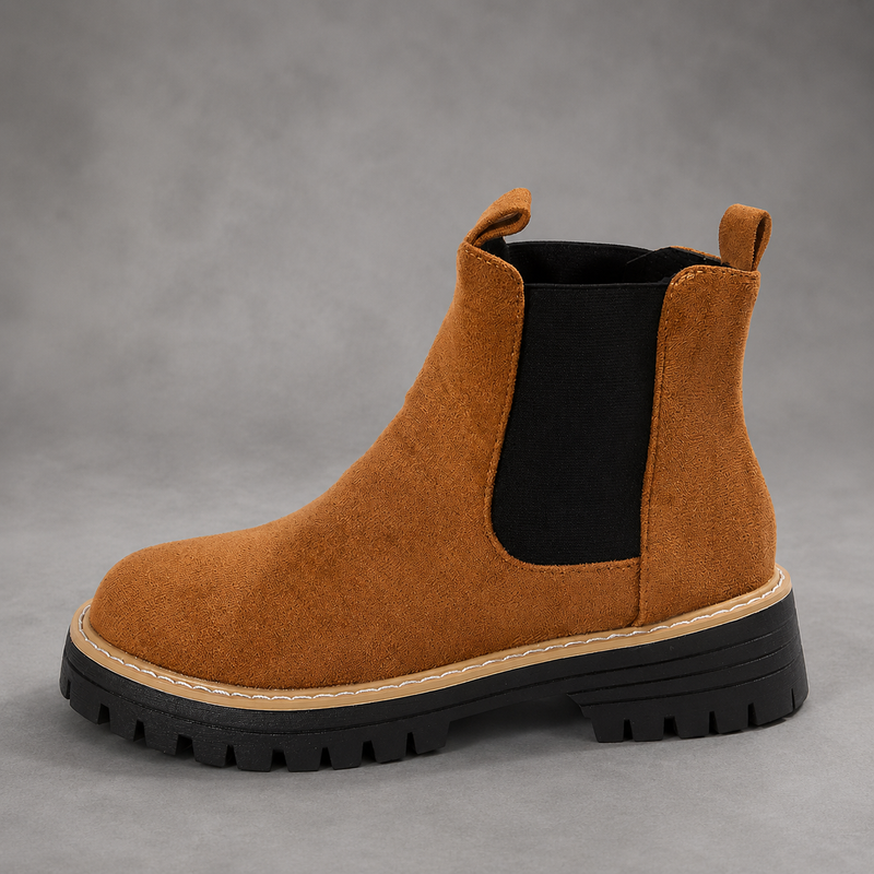 Women's suede block heel ankle boots with a classic round toe, mid-height block heel and durable rubber sole, designed for smart casual everyday wear in autumn, winter and spring.