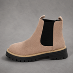 Women's suede block heel ankle boots with a classic round toe, mid-height block heel and durable rubber sole, designed for smart casual everyday wear in autumn, winter and spring.