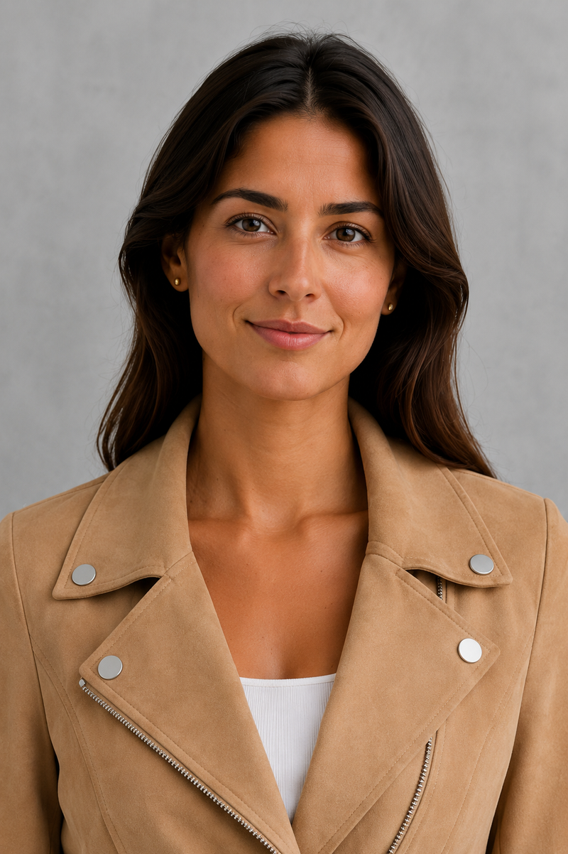 Women’s cropped suede-look jacket with a refined tailored silhouette and soft finish for elegant everyday styling.