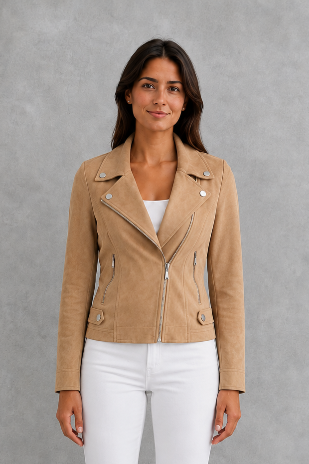 Women’s cropped suede-look jacket with a refined tailored silhouette and soft finish for elegant everyday styling.