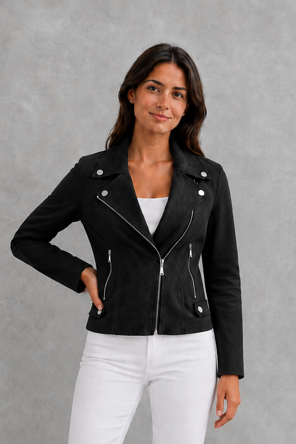 Women’s cropped suede-look jacket with a refined tailored silhouette and soft finish for elegant everyday styling.
