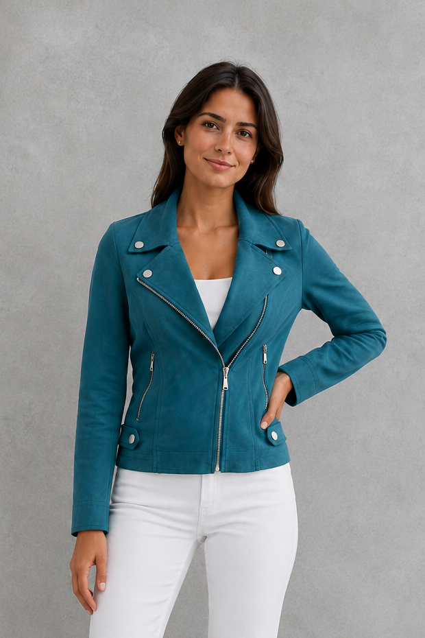 Women’s cropped suede-look jacket with a refined tailored silhouette and soft finish for elegant everyday styling.