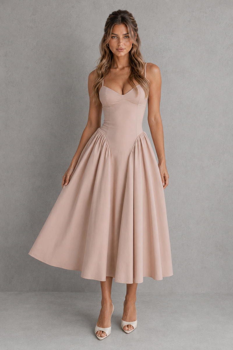 Woman wearing a beige dress against a gray background