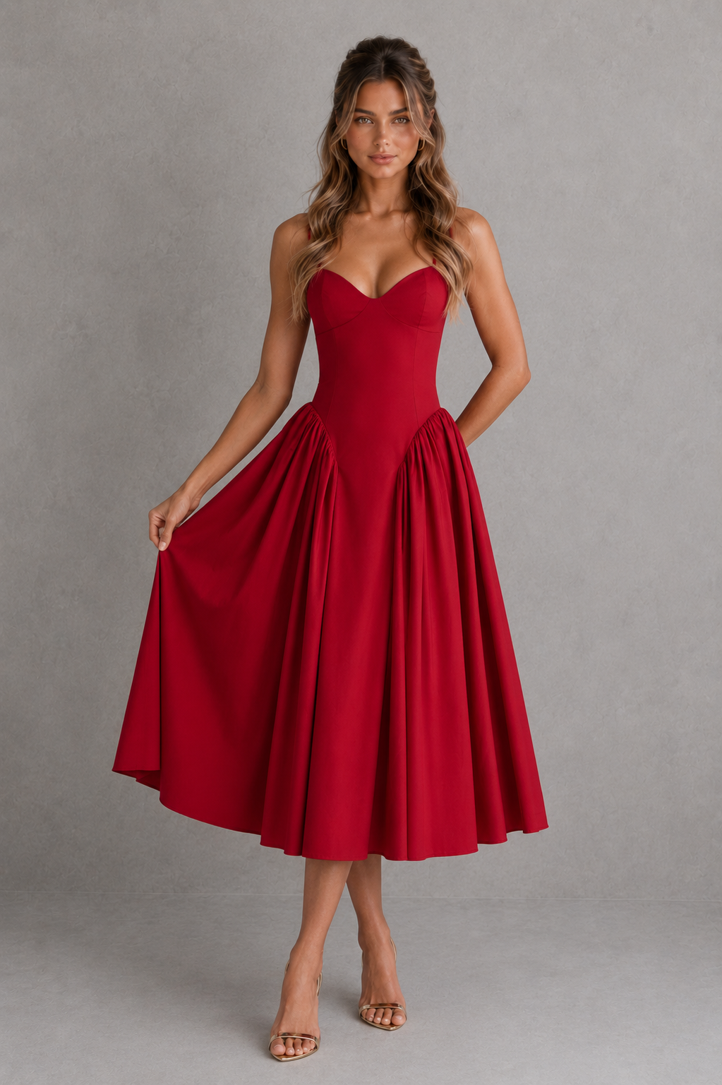 Woman wearing a red dress against a gray background