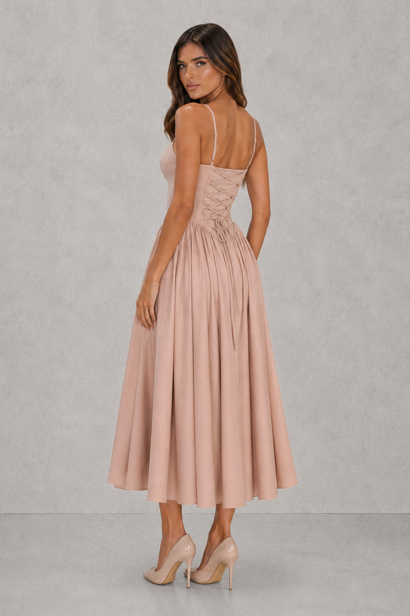 Women’s Sweetheart Midi Dress with Lace-Up Back for Evening & Formal Wear