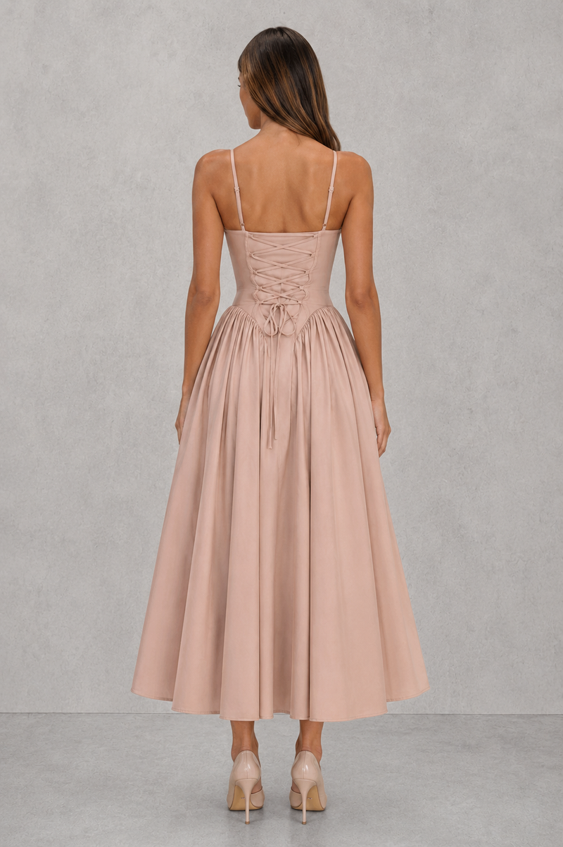 Women’s Sweetheart Midi Dress with Lace-Up Back for Evening & Formal Wear