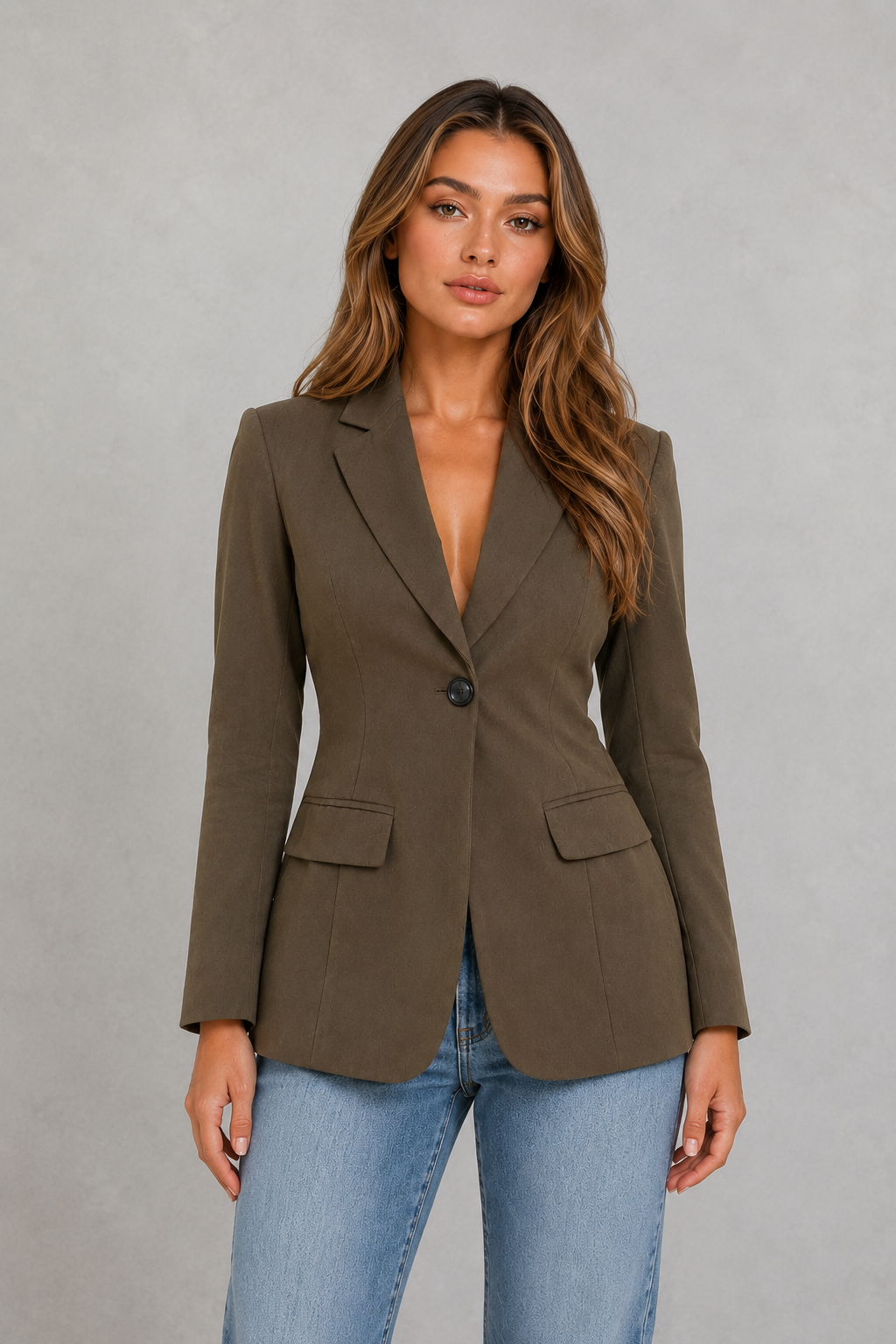 A woman modeling a tailored olive-brown blazer with notch lapels, a single front button, flap pockets, and light-wash blue jeans against a plain light gray studio background.