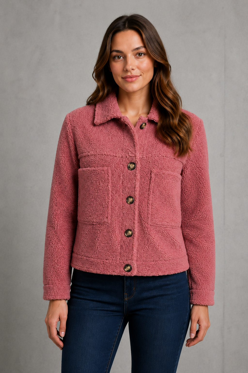 Women's cosy teddy fleece jacket in soft borg fabric with a relaxed fit, full front zip fastening, long sleeves and side pockets. Lightweight and warm, ideal for everyday layering during autumn and winter.