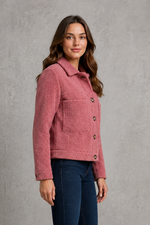 Women's cosy teddy fleece jacket in soft borg fabric with a relaxed fit, full front zip fastening, long sleeves and side pockets. Lightweight and warm, ideal for everyday layering during autumn and winter.