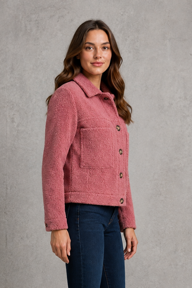 Women's cosy teddy fleece jacket in soft borg fabric with a relaxed fit, full front zip fastening, long sleeves and side pockets. Lightweight and warm, ideal for everyday layering during autumn and winter.