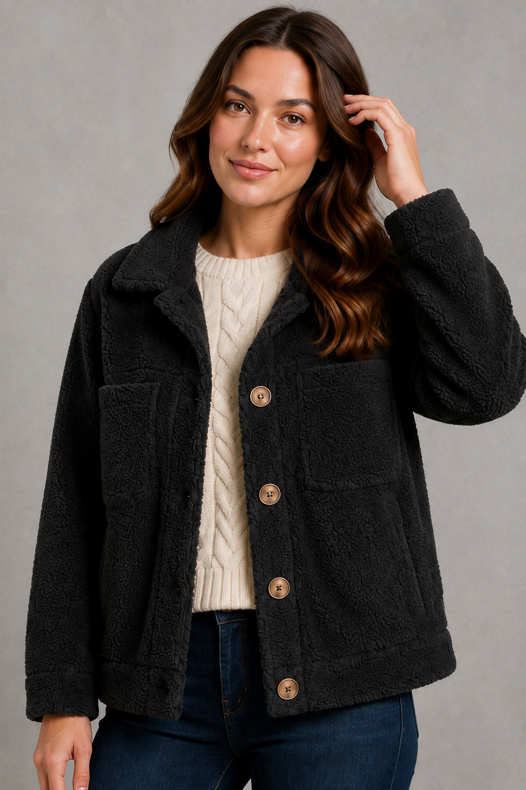 Women's cosy teddy fleece jacket in soft borg fabric with a relaxed fit, full front zip fastening, long sleeves and side pockets. Lightweight and warm, ideal for everyday layering during autumn and winter.