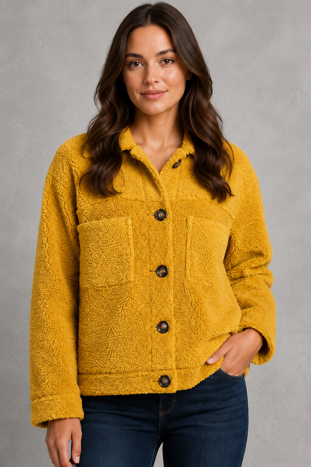 Women's cosy teddy fleece jacket in soft borg fabric with a relaxed fit, full front zip fastening, long sleeves and side pockets. Lightweight and warm, ideal for everyday layering during autumn and winter.