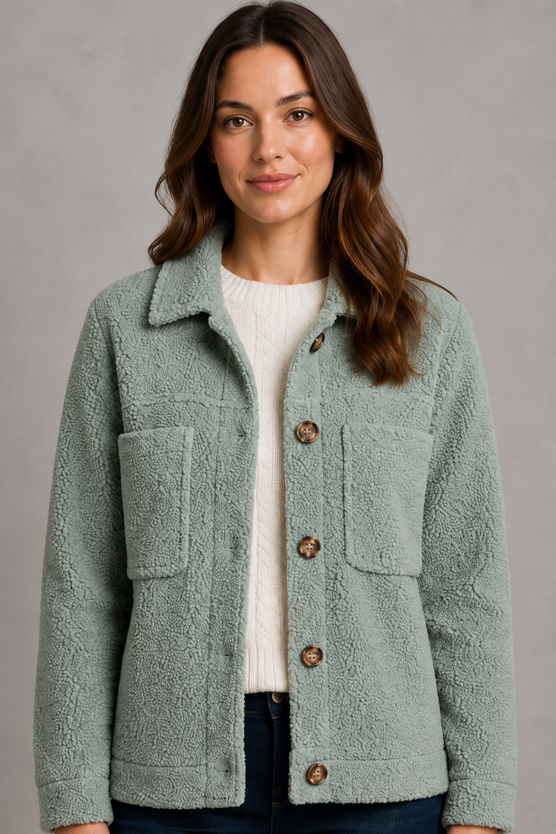 Women's cosy teddy fleece jacket in soft borg fabric with a relaxed fit, full front zip fastening, long sleeves and side pockets. Lightweight and warm, ideal for everyday layering during autumn and winter.