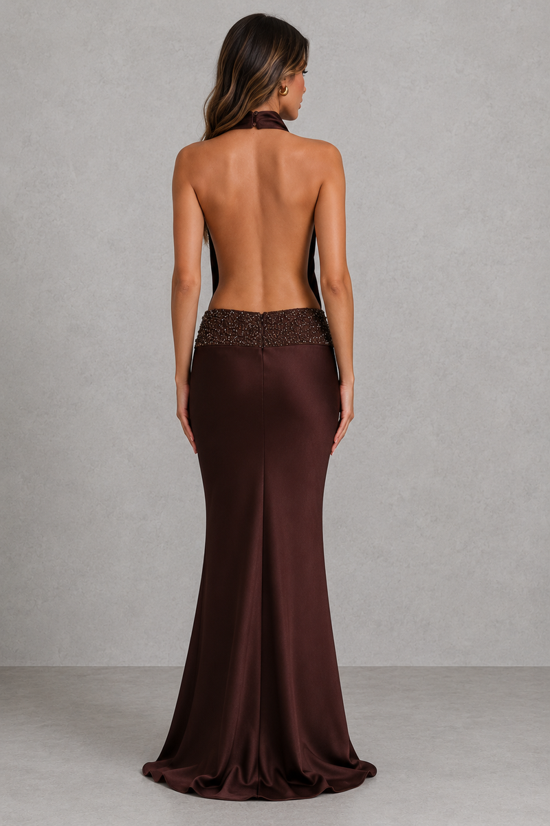 Women’s Textured Satin Maxi Dress with Draped Cowl Detail for Wedding, Evening & Formal Wear