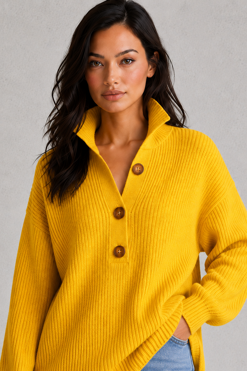 Women’s Collared Knitted Jumper - Relaxed Fit Button Front Knit