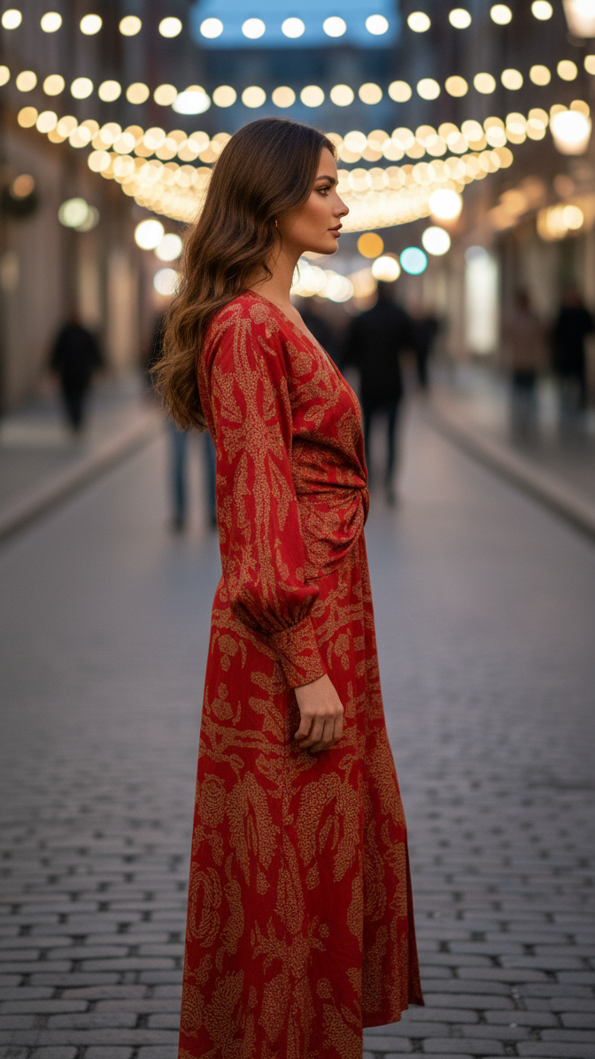 Woman in a red patterned dress standing on a street with blurred lights in the background