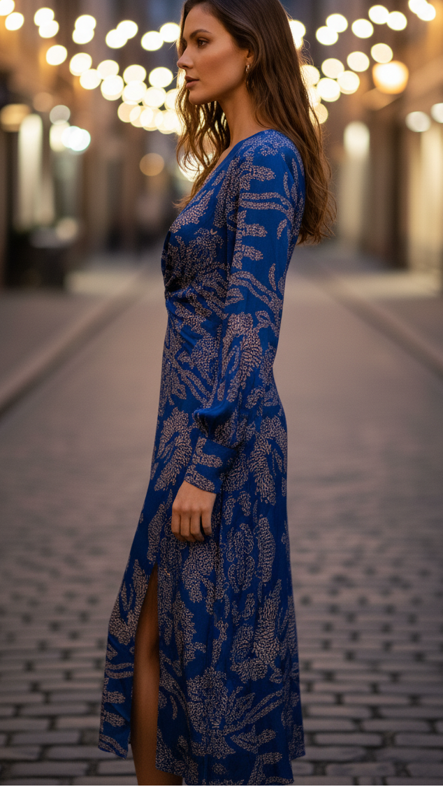 Woman in a blue dress with a pattern standing on a street with blurred lights in the background