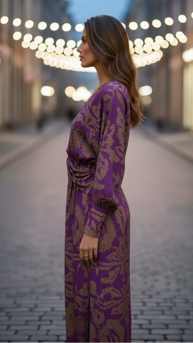 Woman in a purple patterned dress standing on a street with blurred lights in the background