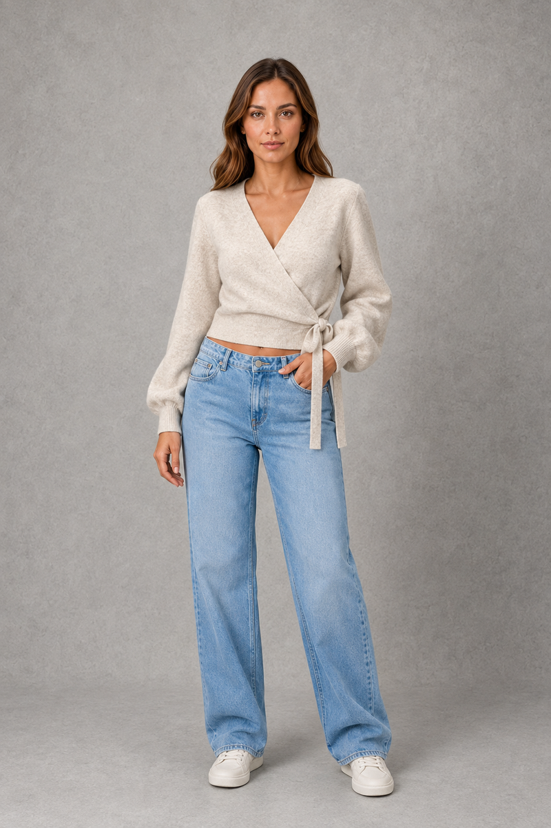Women’s V-neck wrap knit jumper with long sleeves, crossover front and adjustable tie waist bow.