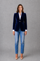 Women’s elegant velvet blazer jacket with classic lapel collar and tailored fit for autumn styling.