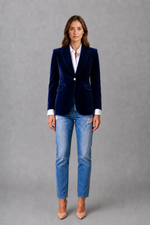 Women’s elegant velvet blazer jacket with classic lapel collar and tailored fit for autumn styling.
