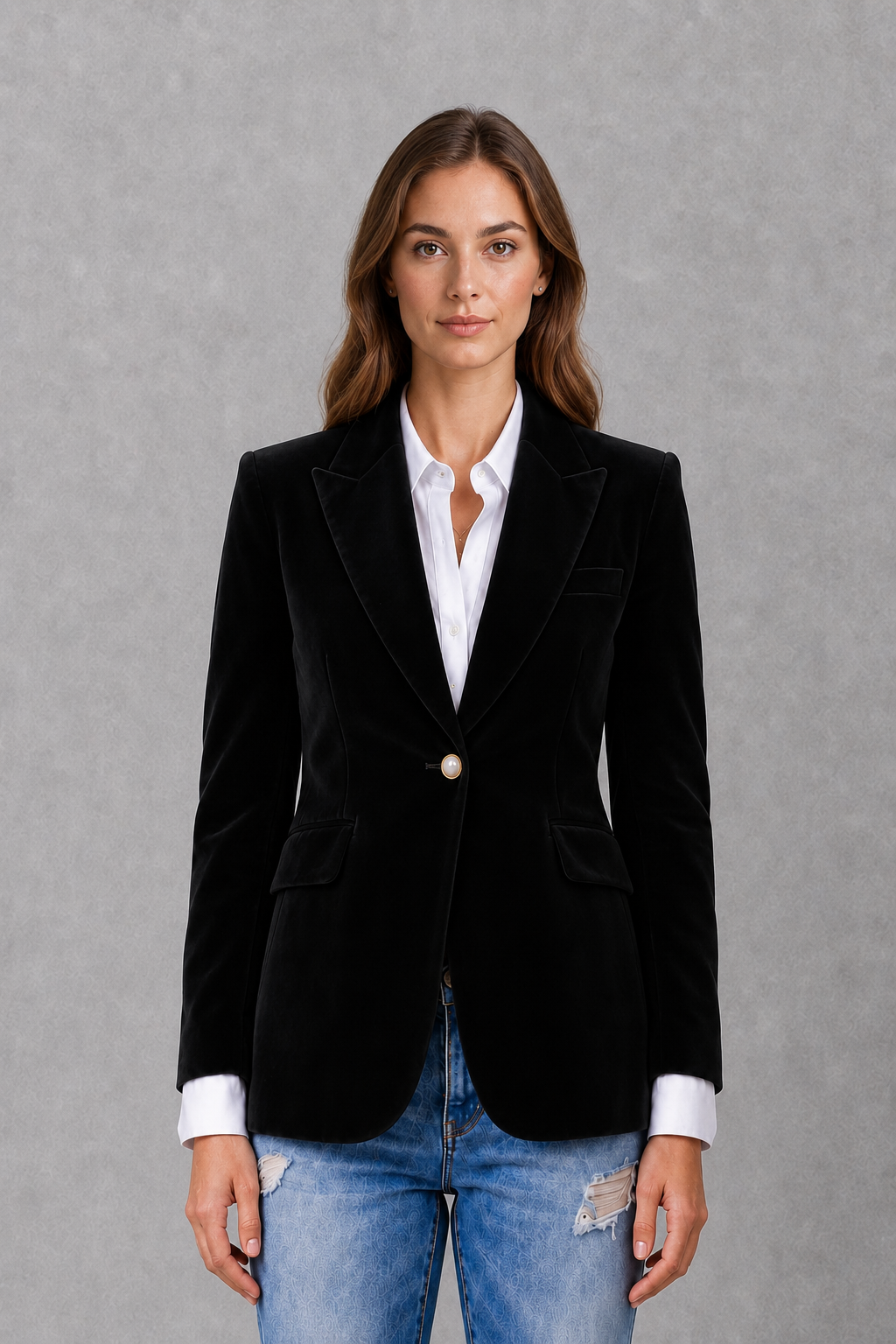 Women’s elegant velvet blazer jacket with classic lapel collar and tailored fit for autumn styling.