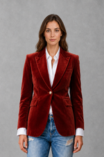 Women’s elegant velvet blazer jacket with classic lapel collar and tailored fit for autumn styling.