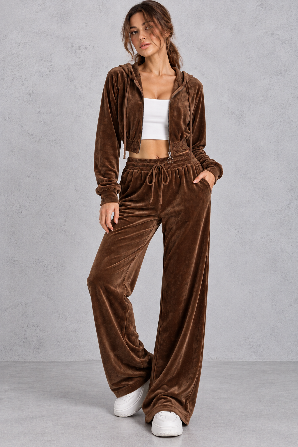 Women's coffee velvet cropped hoodie and wide leg trouser set – front view