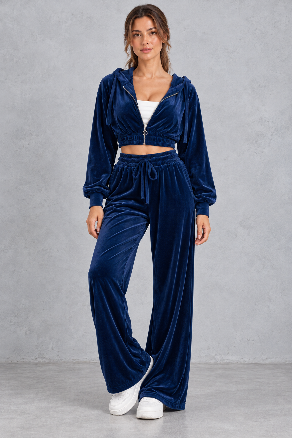 Women's deep blue velvet cropped hoodie and wide leg trouser set – front view