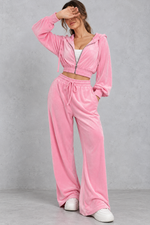 Women's pink velvet cropped hoodie and wide leg trouser set – front view