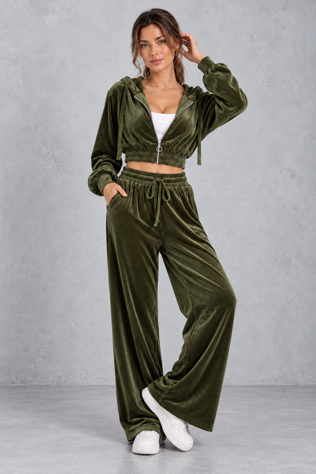 Women's army green velvet cropped hoodie and wide leg trouser set – front view
