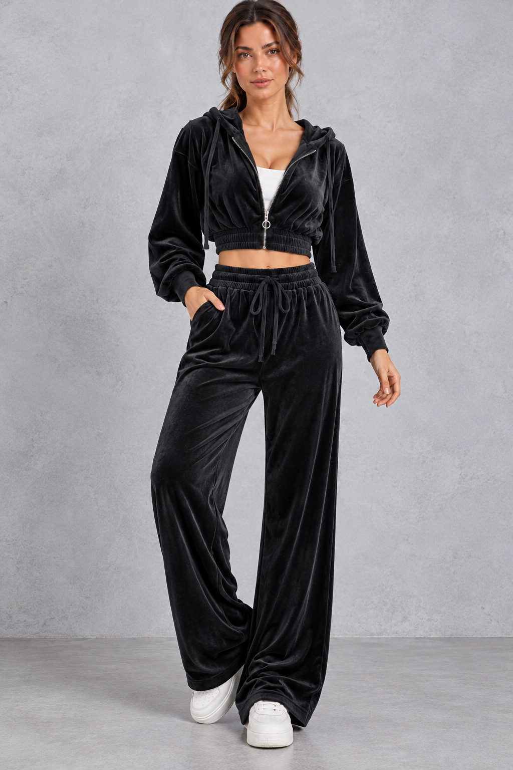 Women's black velvet cropped hoodie and wide leg trouser set – front view