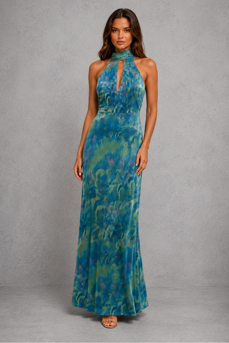 Women’s Watercolour Chiffon Halter Maxi Dress with Open Back