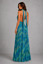 Women’s Watercolour Chiffon Halter Maxi Dress with Open Back