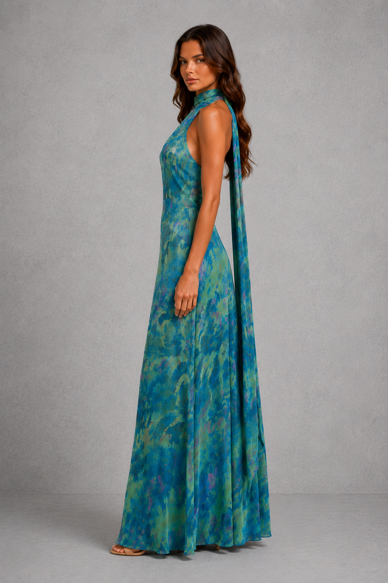 Women’s Watercolour Chiffon Halter Maxi Dress with Open Back