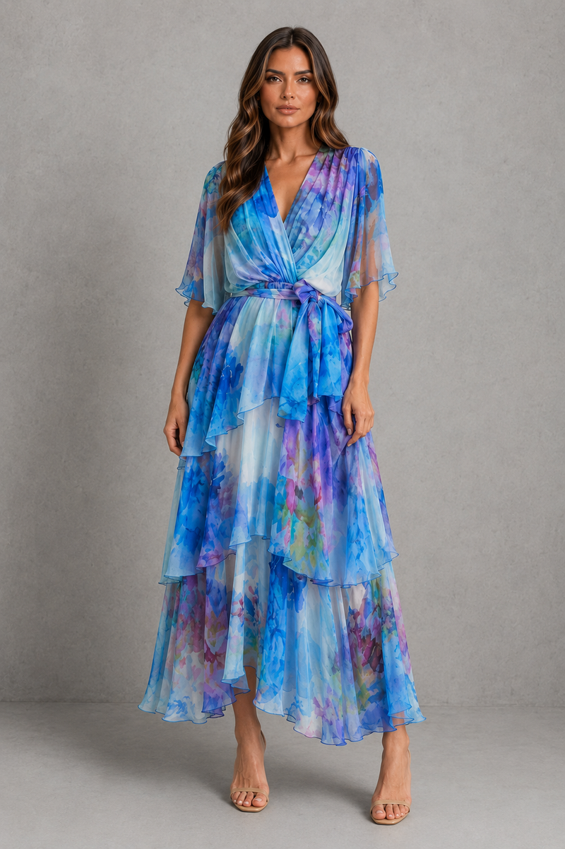 Women’s Watercolour Chiffon Maxi Dress with Tiered Skirt for Wedding & Occasion Wear