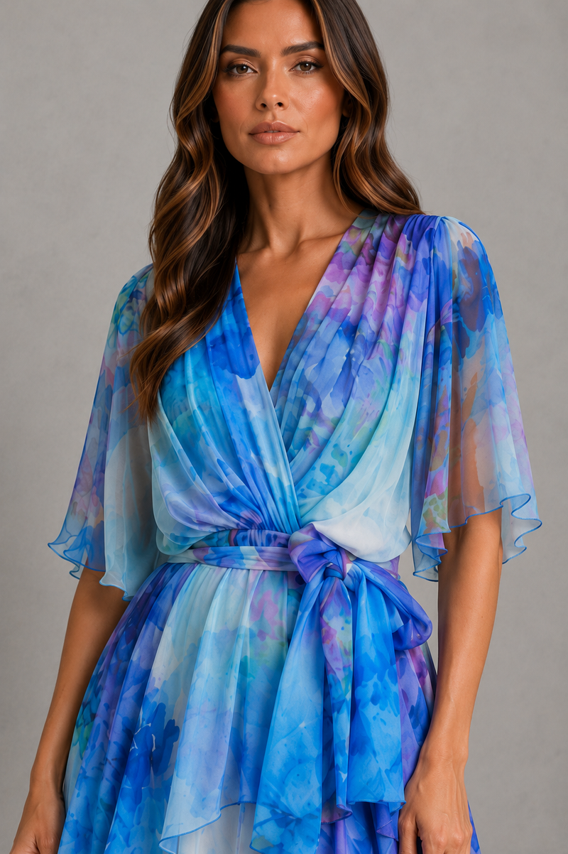 Women’s Watercolour Chiffon Maxi Dress with Tiered Skirt for Wedding & Occasion Wear