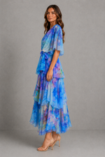 Women’s Watercolour Chiffon Maxi Dress with Tiered Skirt for Wedding & Occasion Wear