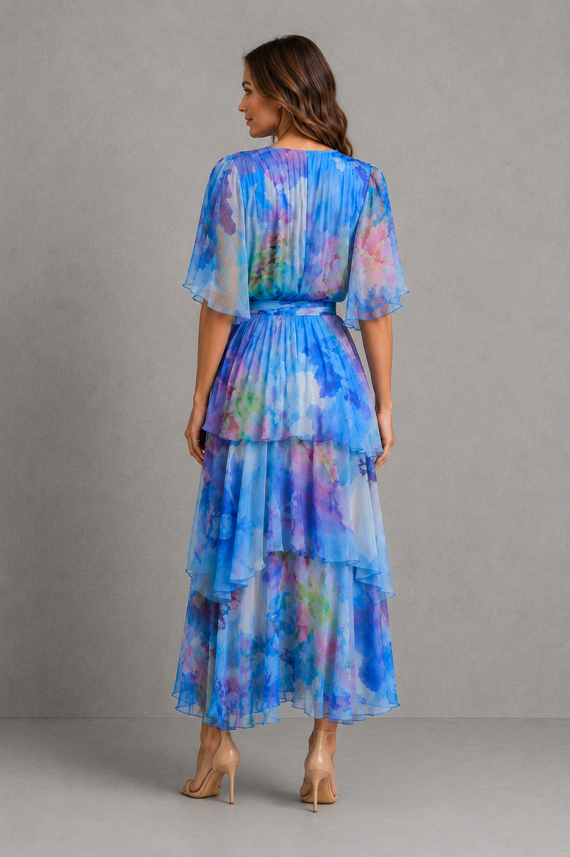 Women’s Watercolour Chiffon Maxi Dress with Tiered Skirt for Wedding & Occasion Wear