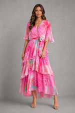 Women’s Watercolour Chiffon Maxi Dress with Tiered Skirt for Wedding & Occasion Wear