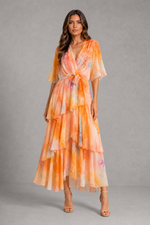 Women’s Watercolour Chiffon Maxi Dress with Tiered Skirt for Wedding & Occasion Wear