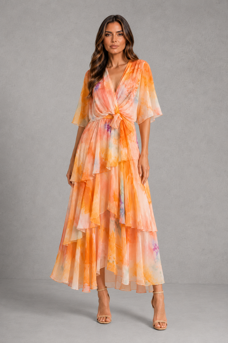 Women’s Watercolour Chiffon Maxi Dress with Tiered Skirt for Wedding & Occasion Wear