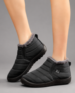 Women's waterproof faux fur-lined ankle snow boots with a quilted upper, lightweight slip-on design, round toe and durable non-slip sole, providing warm, comfortable and weather-resistant winter footwear for everyday outdoor wear.