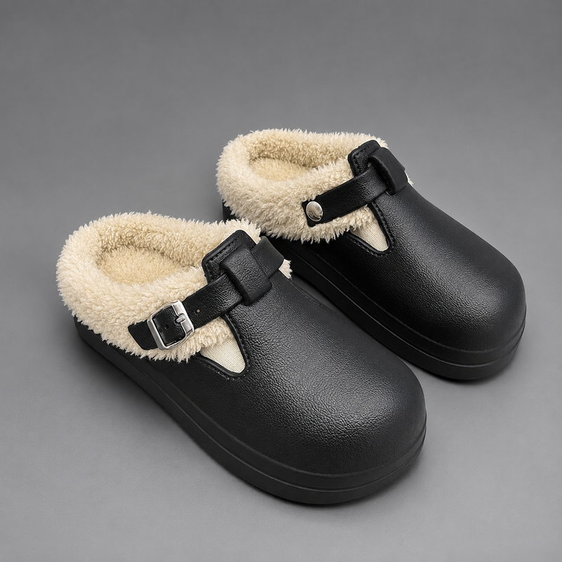 Women's waterproof fur-lined mule slippers with a thick non-slip sole, plush faux fur lining, metal buckle detail and lightweight slip-on design for warm indoor comfort during autumn and winter.